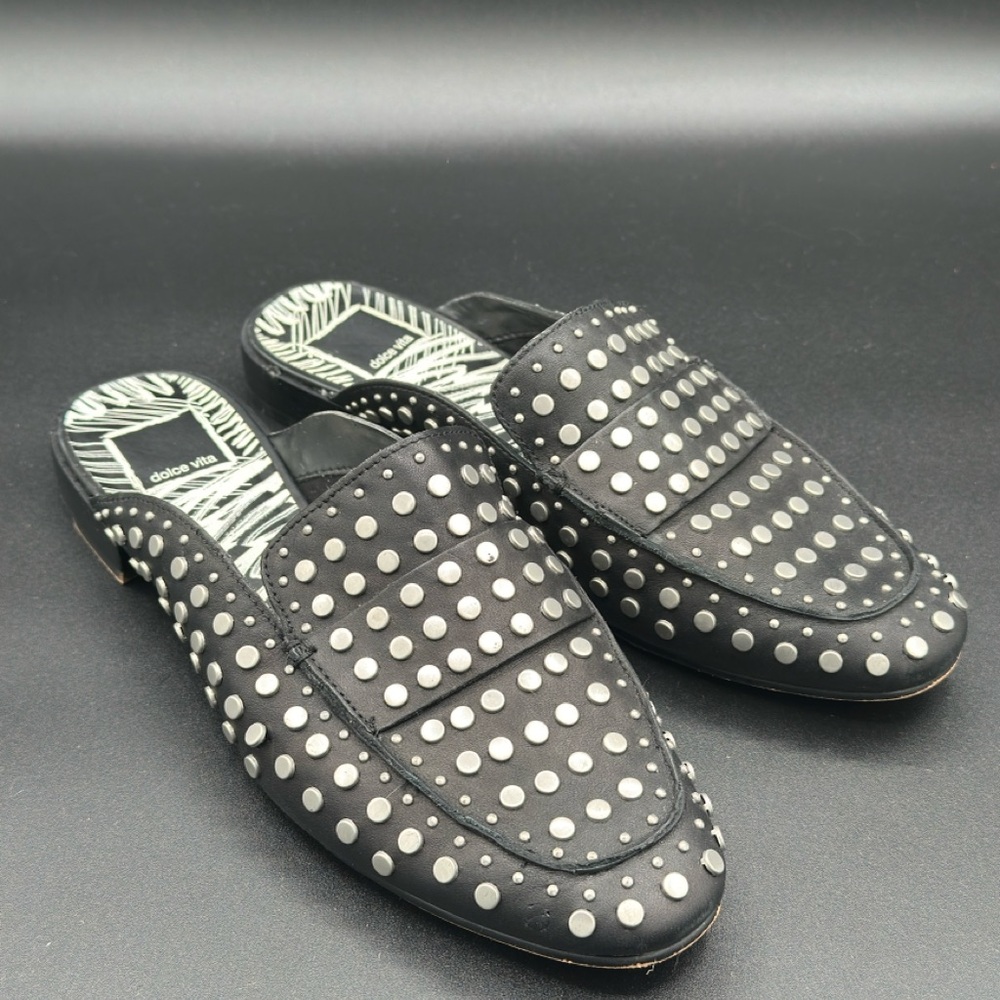 DOLCE VITA MAURA Black Leather Mules Slip-On Flats Slides Silver Studs Sz 7